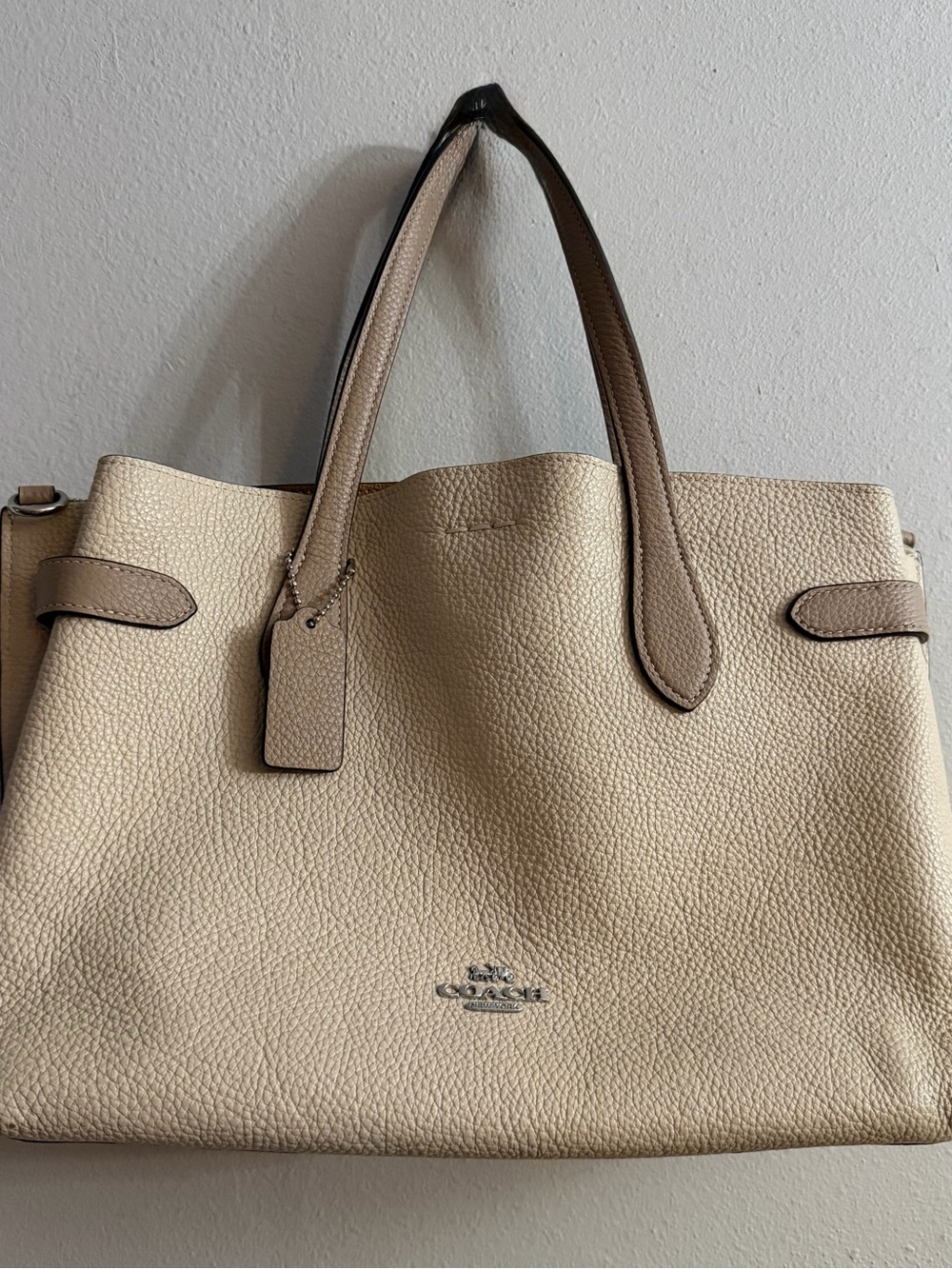 Coach Pebbled Leather Tote in Cream with Taupe Trim